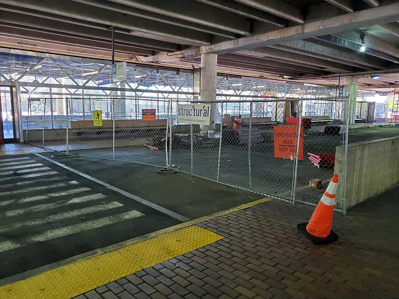 Fenced off repair work inside the Alewife station parking garage in October 2020