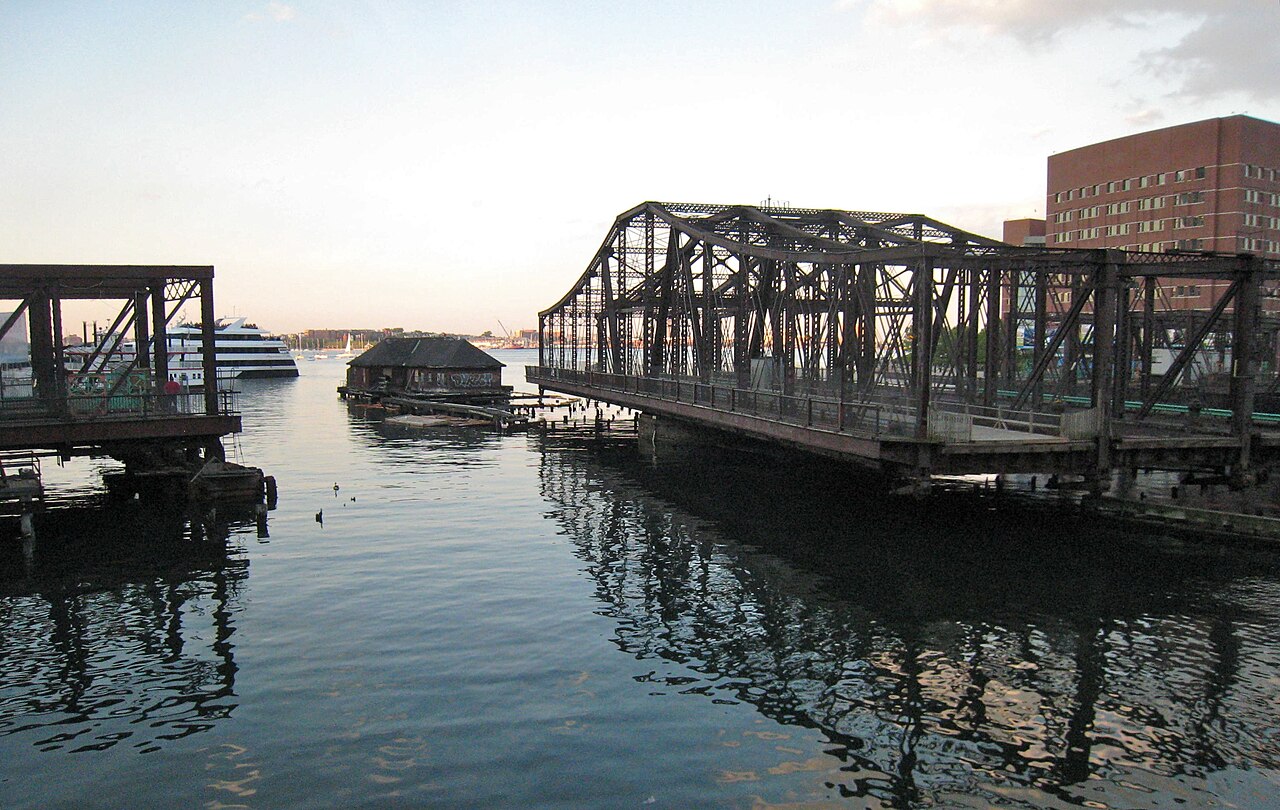 Northern Avenue Bridge swung open over Fort Point Channel, viewed from the Evelyn Moakley Bridge in 2009